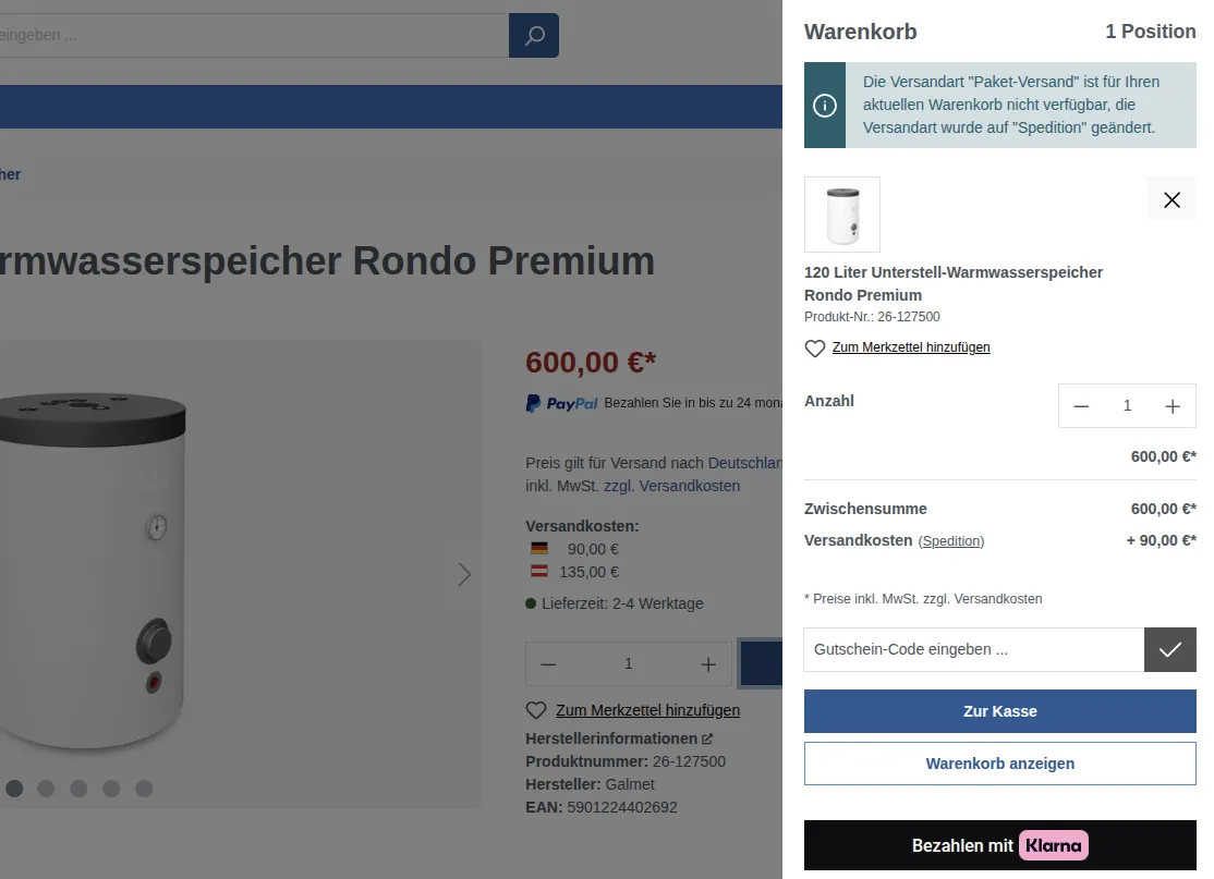 Abweichende Versandkosten pro Speditionsartikel